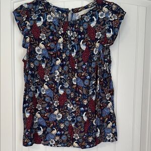 LOFT Women's Floral Print Top - Blue and deep Red